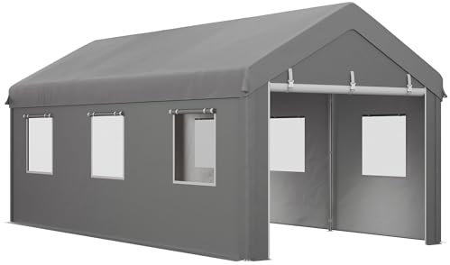 Outsunny Tente cochera Garaje Dim. 6L x 2,95l x 2,78H m Robusto Acero galvanizado PE Alta Densidad 160 g/m² Impermeable Anti-UV, 2 Puertas enrollables y 6 Ventanas