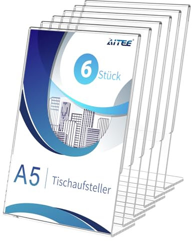 AITEE A5 Acryl Tischaufsteller Schräg: 6 Stück Transparent Aufsteller Plexiglas Werbeaufsteller L-ständer für Büro, Restaurant, Geschäft, Hotel, Werbeaktionen, Theke