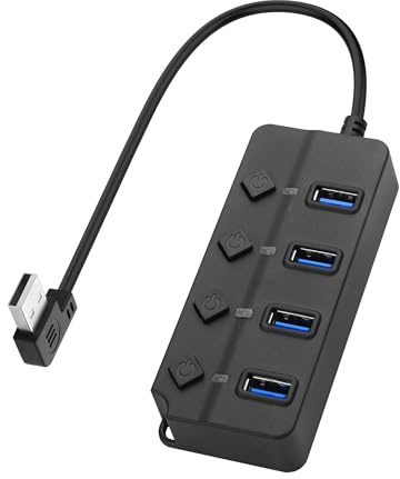 90 Degree USB Hub Splitter YACSEJAO USB 2.0 Data Hub with Individual LED Button On/Off Switch DC5.5 * 2.1 Power Port for Laptop,PC Computer (4 Ports, 0.3M)