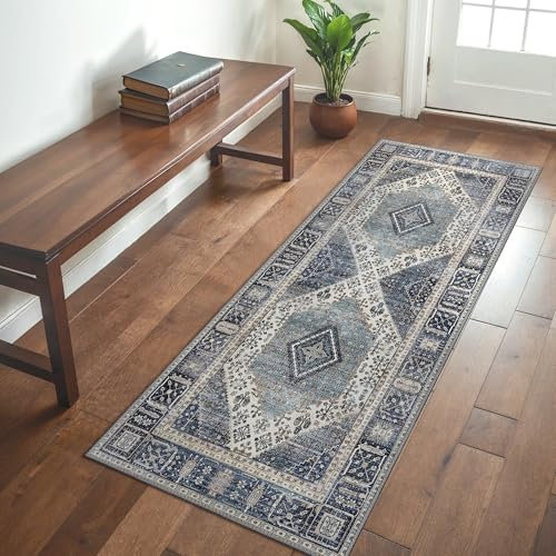 GENIMO Runner Rug 80x150cm,Washable No Pile Rug for Hallway,Oriental Ethnic Pattern Boho Carpet with Non Slip Backing for Bedroom Kitchen Balcony Landary,Blue