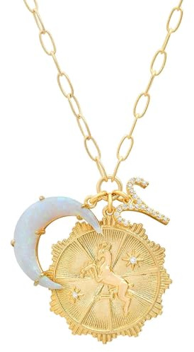 Lanadale Dainty Gold Aries Zodiac Coin Opal Crescent Moon Charm Necklace for Women Trendy 18K Gold Plated Retro Paperclip Chain 12 Constellation Horoscope Necklaces Astrology Jewelry Gifts