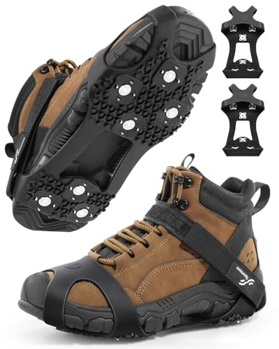 Sportneer Crampons： Ice Cleats for Shoes and Boots with 28 Spikes - Traction Slip-on Stretch Footwear for Walking and Shoveling on Ice and Snow - Lightweight for Women and Men
