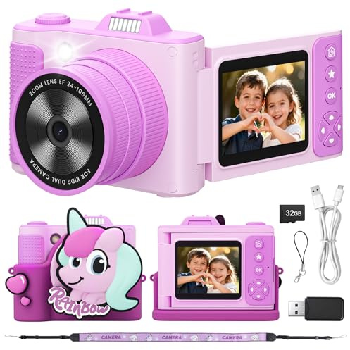 Myvia Kids Digital Camera for Girls Boys Age 3-10, My First Camera, 1080P HD Video, Toddler Camera Easy to Use, Shockproof Durable, Toys Gift for Kids Birthday Christmas with 32GB SD Card-Purple