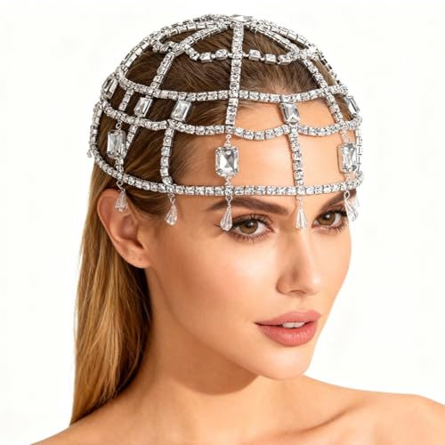 GORGECRAFT 1920s Copricapo con Cristalli A Forma di Goccia con Strass Catena per Capelli in Platino Stile Il Grande Gatsby per Capelli Catena per Capelli Cappello Cosplay Halloween Artistiche Feste