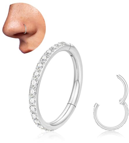 20G Titanium Nose Ring Hoop, Cartilage Hoop Earrings for Women Men, Hinged Silver Gold CZ Nose Ring Upper Ear Tragus Daith Conch Helix Septum Nose Piercing Jewelry 6/8/10mm