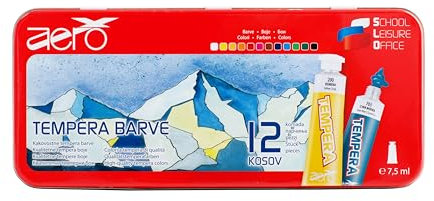 AERO Tempera Farben, 12 Farben à 7,5ml, in Metallbox mit Landschaftsmotiv, mit Wasser vermalbar, geeignet für verschiedene Maltechniken, gleichmäßige Schichtung, kombinieren möglich