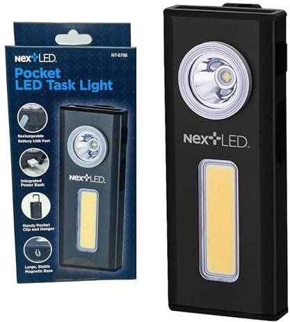 NextLED NT-6786 Rechargeable Slim Rechargeable LED Work Light. Clip on Pocket Flashlight, Cast Aluminum Body, Strong Magnet, Power Bank, IPX4 Waterproof, Spot & Flood Light 2 in 1, Repair/Outdoor