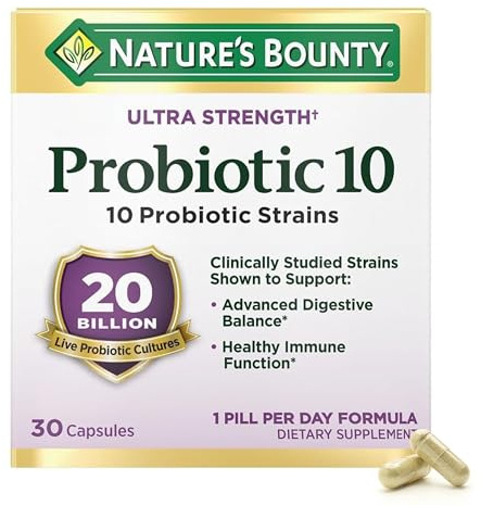 Nature's Bounty Probiotic 10 Daily Probiotic Supplement for Digestive, Immune, and Upper Respiratory Support, Ultra Strength, 30 Capsules 1 Pack