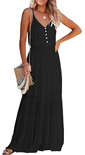 PRETTYGARDEN Women's 2026 Summer Maxi Dress Spaghetti Strap Sleeveless High Waist Beach Vacation Long Sundresses (Black,Medium)