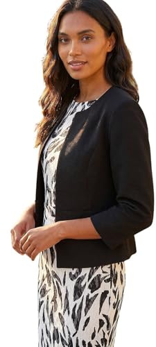 Roman Originals Cropped Bolero Jacket for Women UK Ladies Wedding Guests Shrug Jacquard Tailored Fitted Blazer Smart Work Formal Evening Short Round Collar 2 Pockets - Plain Black - Size 14