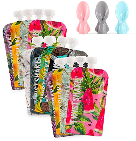 Twistshakes Squeeze Bags 220ml 3-pack + Squeeze-skedar för barnmat 3-pack | Dubbel-zip och återanvändbara klämmispåsar | BPA-fria påsar och skedar