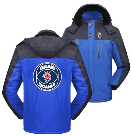 Mens Full-Lined Mountain Jacket Outerwear for SAAB Contrast Color ParkaGraphic Casual Coats Detachable Hood Ski Suits Zippered Walking Windbreaker-Blue||XL
