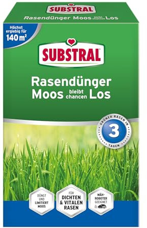 Substral Rasendünger MOOS bleibt chancenLOS, 4,2 kg für 140m² - schnelle Lückenschließung, mit Extra Eisen für sattgrünen & dichten Rasen