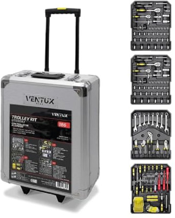 Valigia degli attrezzi composta da 186 pezzi || riposti in 4 vassoi con ruote e manico telescopico || Set Completo di Utensili Per Fai da Te e Professionisti || trolley degli attrezzi