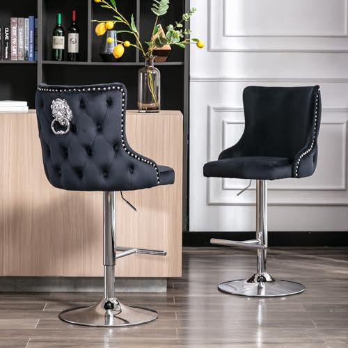chairus Barhocker 2er Set Samt, Barstuhl Höhenverstellbar Moderne Tresenhocker mit Lehne Küchenhocker Drehbar für Küche, Theke,Schwarz