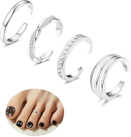 Auiremrti 4 Stück 14 Karat vergoldete Zehenringe,Weißvergoldete Zehenringe für Frauen,Hug CZ,dreifach gedreht,einfaches Band,Strand-Fußschmuck,verstellbar