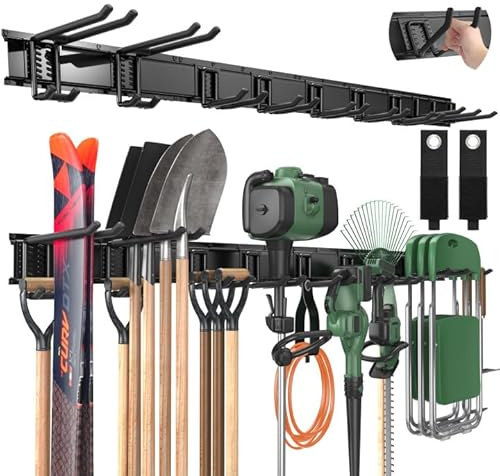 LBT 66 Garage Tool Organizer Wall Mount - 720lbs Garden Tool Organizer with Adjustable Hooks, Heavy Duty Metal Garage Storage Rack, Anti-Rust Shed Rack Holder Hanging Rake Broom Mower Snowboard
