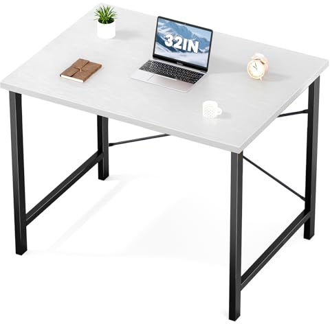Sweetcrispy Computer Desk, Small Office 32 Inch Writing Work Study Student Teacher Home Bedroom Table with Metal Frame Wood Tabletop - White