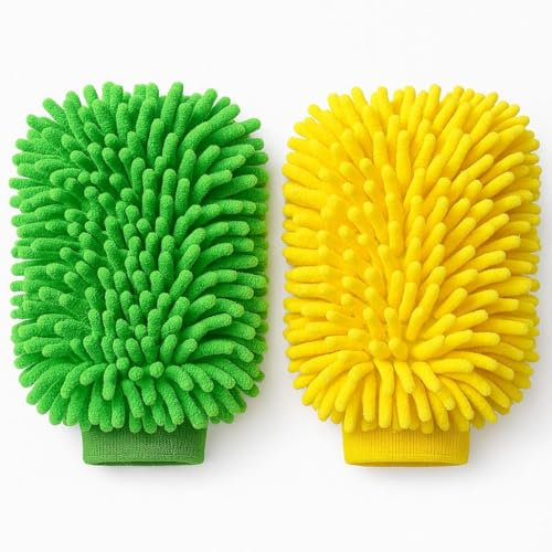 HavenVale Microfiber Car Wash Mitt Glove, Wash Mitts For Car Washing, Dual-Sided Ultra Soft, Lightweight and Durable Microfiber Gloves, Safer Than Sponge and Wash Cloths 2-Pack, Yellow & Green