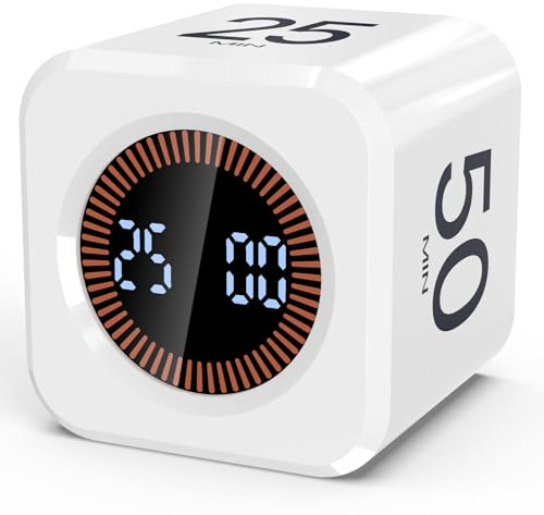 Pomodoro Timer Cube Visual Productivity Flip Timer for Kids Classroom Desk, 5/10/25/50min& Custom Countdown, Silent&Sound Mode Digital Cube for ADHD Study Work School Game Kitchen (White)