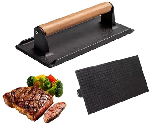 Prensa De Hierro Fundido - Utensilio Para Cocina Rectangular Con Mango De Madera | Prensa Metálica Carne Que Exprime Grasa - para Tortilla, Plancha, Cocina, Parrilla, BBQ, Exterior y Camping