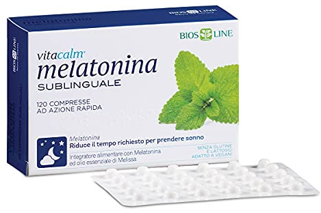 BIOS LINE VitaCalm Melatonina Sublinguale, Integratore alimentare per prendere sonno più velocemente, Integratore per dormire con Melatonina ed olio essenziale di Melissa (120 Compresse)