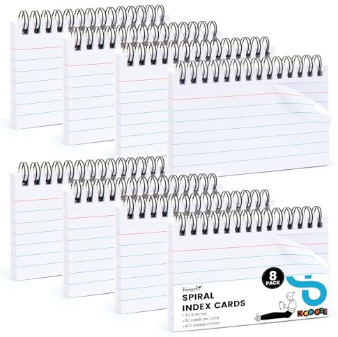Koogel Spiral Index Cards 3x5 Ruled, 400 Count (5 Packs of 80) White Spiral Bound FlashCards with Waterproof Cover, Tear-Off Note Cards with Ring for Studying, School, Office & Memory