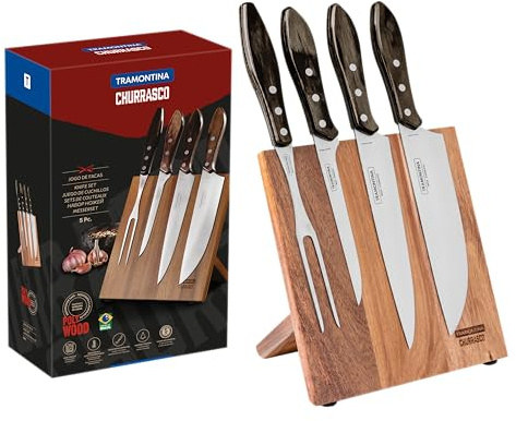 TRAMONTINA - Juego Churrasco, para Asado, en Acero Inoxidable y Mangos de Madera Polywood en Color Castaño, Cubiertos con Remaches de Aluminio, 5 Piezas, Incluye Cuchillos, Soporte y Tenedor