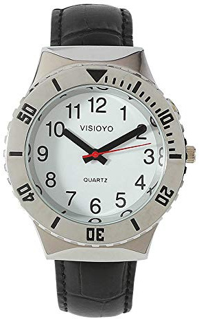 VISIONU Montre Parlante Analogique avec Alarme Annonce de l'heure et Date en Français pour Aveugle et Les Personnes Malvoyant,Bracelet Cuir Noir TFBW-1601F