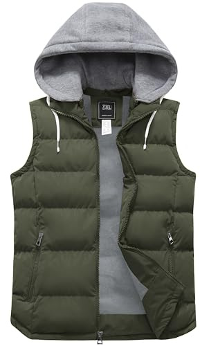 ZSHOW Vinterväst för män Quiltad vaddering Puffer Ärmlös jacka Varm utomhusväst Kroppsvärmare med huva Armégrönt M