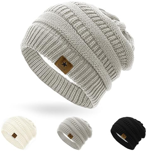 Grantop Knit Beanie for Women, Unisex Knitted Classic Beanie Hat with Thermal Thick Fleece Lining, Ladies Soft Winter Hats Gifts for Men Women Birthday Christmas (UK, Alpha, One Size, Grey)