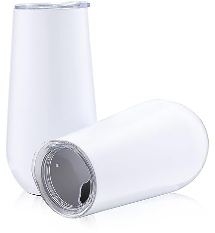 Sivaphe Champagne Tumbler Flutes Set of 2, Stainless Steel Double Walled Insulated Stemless Wine Glasses with Lids 6 OZ White