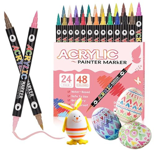 48 Farben24 Stifte Acrylfarben Acrylstifte für Steine Bemalen Wasserfest Dual Tip Acrylmarker Acrylic Paint Marker für Kunststoff Glas Holz Papier Ostereier Metall Leinwand