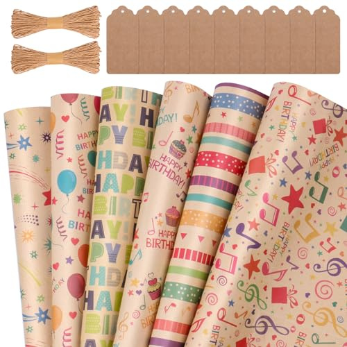 GAOHUI Geschenkpapier Geburtstag, 6 Stück Braunes Kraftpapier für Männer, Frauen, Mädchen und Jungen, Geschenkpapierbögen für Weihnachten, Hochzeiten, Babypartys
