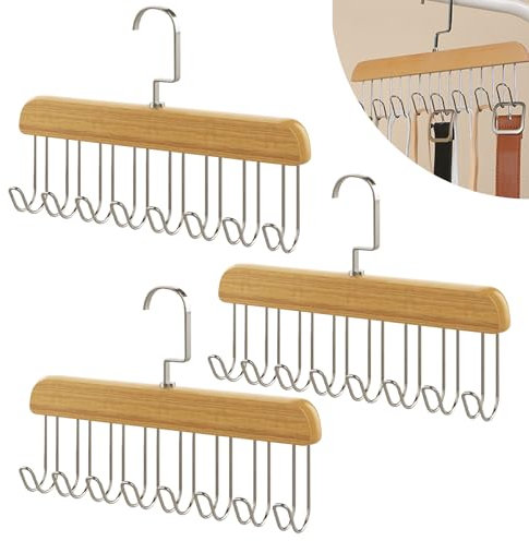 Ksvaye 3 Stück Gürtelhalter 28cm Kleiderbügel mit 8 Haken Krawattenbügel Holz Gürtelorganizer für Schals, Krawatten, Gürtel,Schrank-Organizer