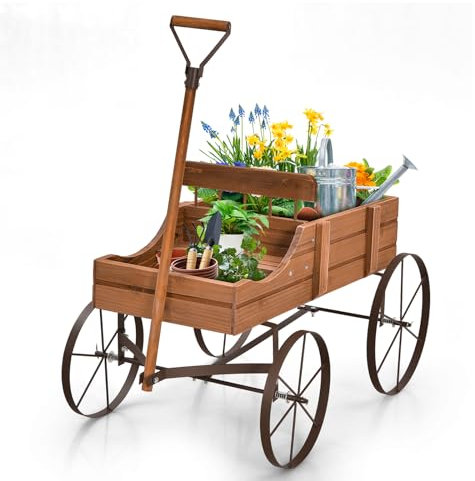 HOMASIS Jardinière en bois pour plantes, brouette avec roues en métal et 2 compartiments, pot de fleurs en forme de monocycle décoratif pour jardin, terrasse, patio, 63 x 35 x 62,5 cm Marron