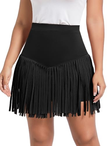 Womens Western Cowgirl Fringe Skirt - Country Concert Outfit Rodeo Tassel Booty Pole Dance Rave Festival Bottoms(Black,XL,11161a)