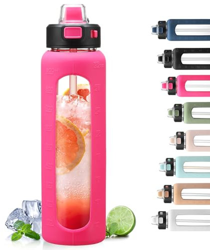 BLUEGO 900ml Trinkflasche Glas mit Strohhalm und Griff Auslaufsichere Wasserflasche mit Silikonhülle und Messskala Sport Glaswasserflasche BPA frei, Rose