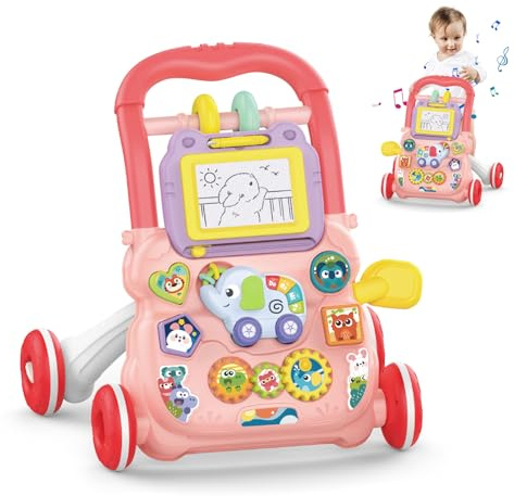 KalaDuck Sit to Stand Baby Walker, Baby Push Along Toys with Music and Drawing Board, Early Educational Activity Centres Babies Learning Toys, Baby Walkers for Boys Girls from 6 Months (Pink)