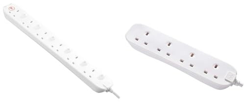 Masterplug Six Socket Power Surge Protected Extension Lead with Individual Switches, 2 Metres, 46 x 5.5 x 3 cm, White & BFG110N-MP Four Socket Long Extension Lead, 1 Metre, White