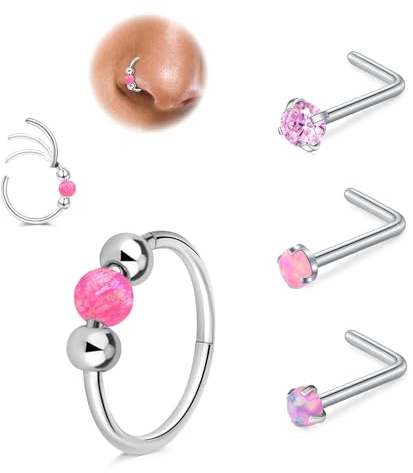 LAURITAMI 4 Pezzi Piercing Naso 18G 20G Set, Hinged Clicker Segment Piercing Naso Cerchio Argento 10mm, Acciaio Chirurgico L Forma Rosa Opale CZ Anelli Naso Stud 7mm
