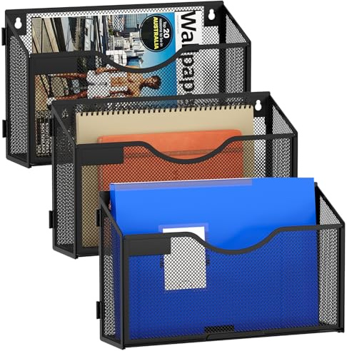 EasyPAG Paquete de 3 Metal Malla Paísaje A4 Archivador de Pared Oficina Soporte Revistas Pared Organizador Documentos Cartas Pared Almacenamiento Revistero Archivos,Negro