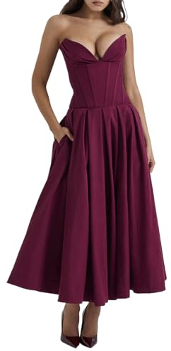 TACSTRUN Sexy Senza Maniche Bodycon Corsetto Maxi Abito Tubo Top Ruched Flowy Elegante Sera Party Abiti Lunghi,Rosso,S