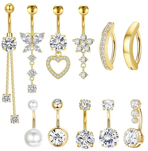 TYXHXTF 11 Pcs Piercing Ombelico per Donna, Perla Clicker Barbell Piercing Ombelico Anello Set, Cuore Farfalla Gioielli Diamante Lungo Barbell Set Per Le Donne, Oro