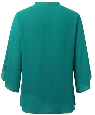 Generisch 2025 - Tops para mujer, elegantes, informales, volantes, manga 3/4, cuello en V, blusas de gasa doble, blusa elástica negra para mujer, a, S