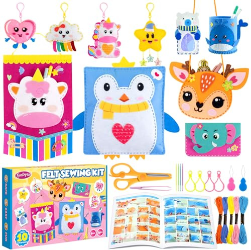 Funtopia Kit de couture en feutre pour enfants de 4 à 12 ans, 10 projets de bricolage faciles pour enfants avec tutoriel, apprentissage de la couture, oreiller en peluche, sac à main, jouets à coudre