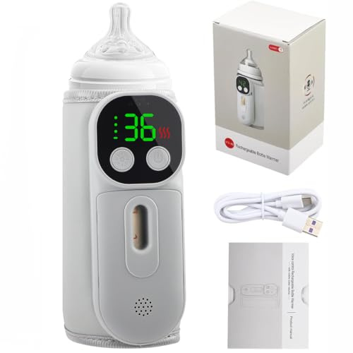 Baby Bottle Warmer, Portable Cordless Bottle Warmer with Voice Control & Night Light, Smart Rechargable Milk Warmer Fast Heating with 7 Temp Accurate Temperature & Milk Level Viewing Window