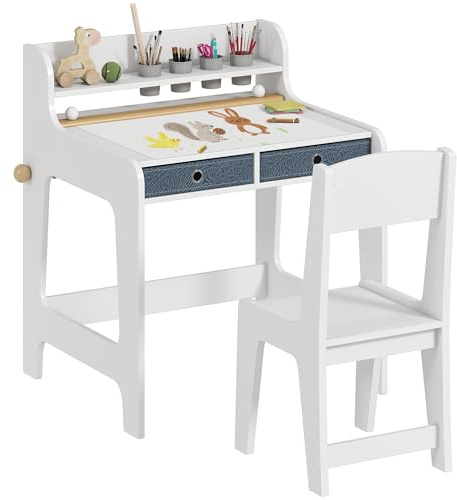 AIYAPLAY Kids Desk and Chair Set, Art Table and Chair Set for children with Hutch & Drawers, Gift for Aged 3-8, Student Study Writing Table for Home School Bedroom Playroom