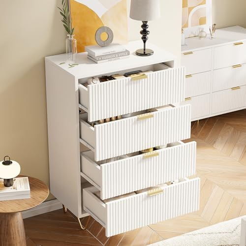 Cómoda con 4 cajones 60 x 34 x 91 cm, mueble organizador con patas y manijas de metal dorado, armario blanco con cajones, armario con cajones para sala de estar, dormitorio y oficina (4)
