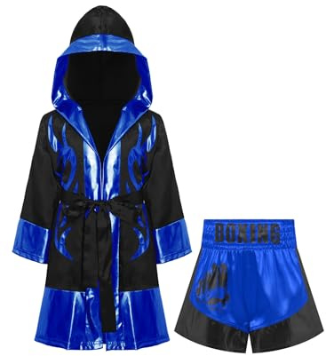 Miaeowve kickboxning kostym barn pojke långärmad satin huvkappa metallic bälte MMA shorts kampsport kostym svart blå C 158–164